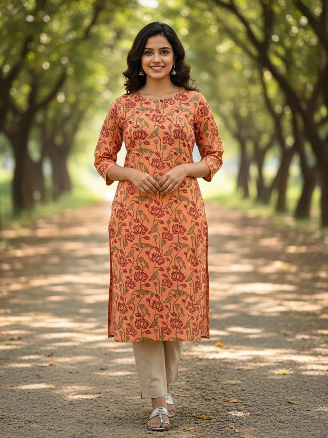 Peach Lotus Jaal Hand Block Printed Straight Kurta