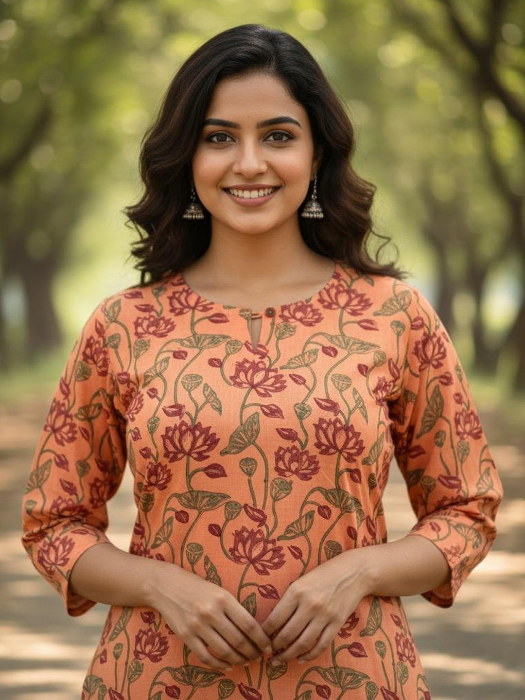Peach Lotus Jaal Hand Block Printed Straight Kurta
