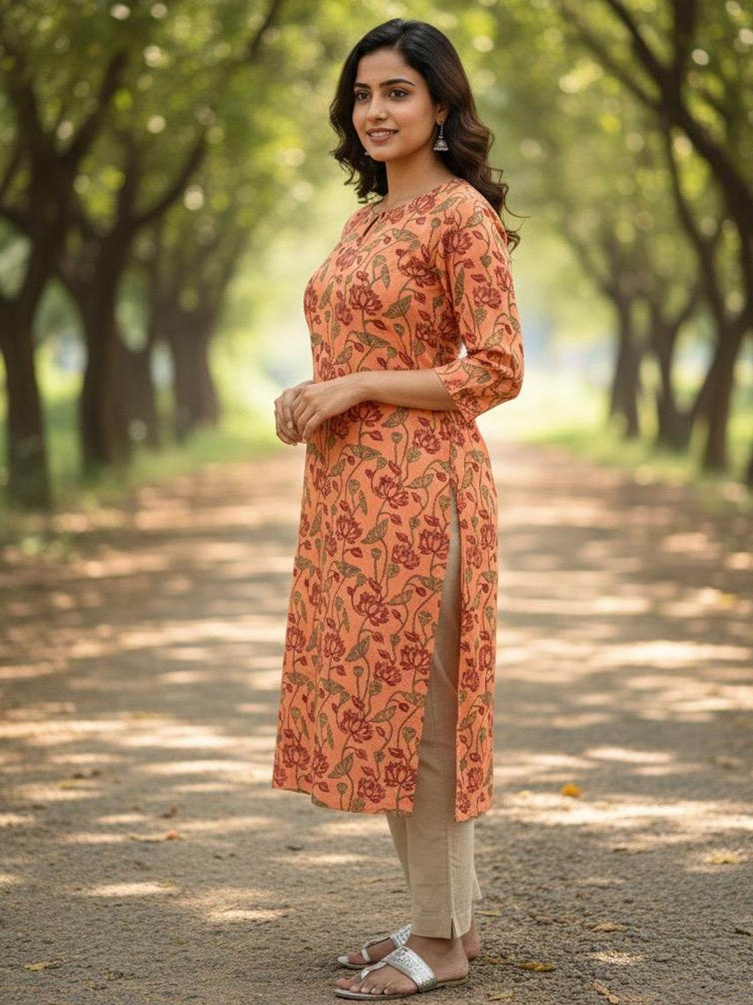 Peach Lotus Jaal Hand Block Printed Straight Kurta