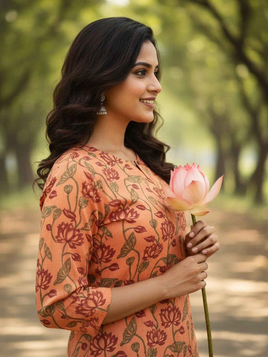 Peach Lotus Jaal Hand Block Printed Straight Kurta