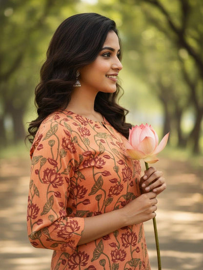 Peach Lotus Jaal Hand Block Printed Straight Kurta