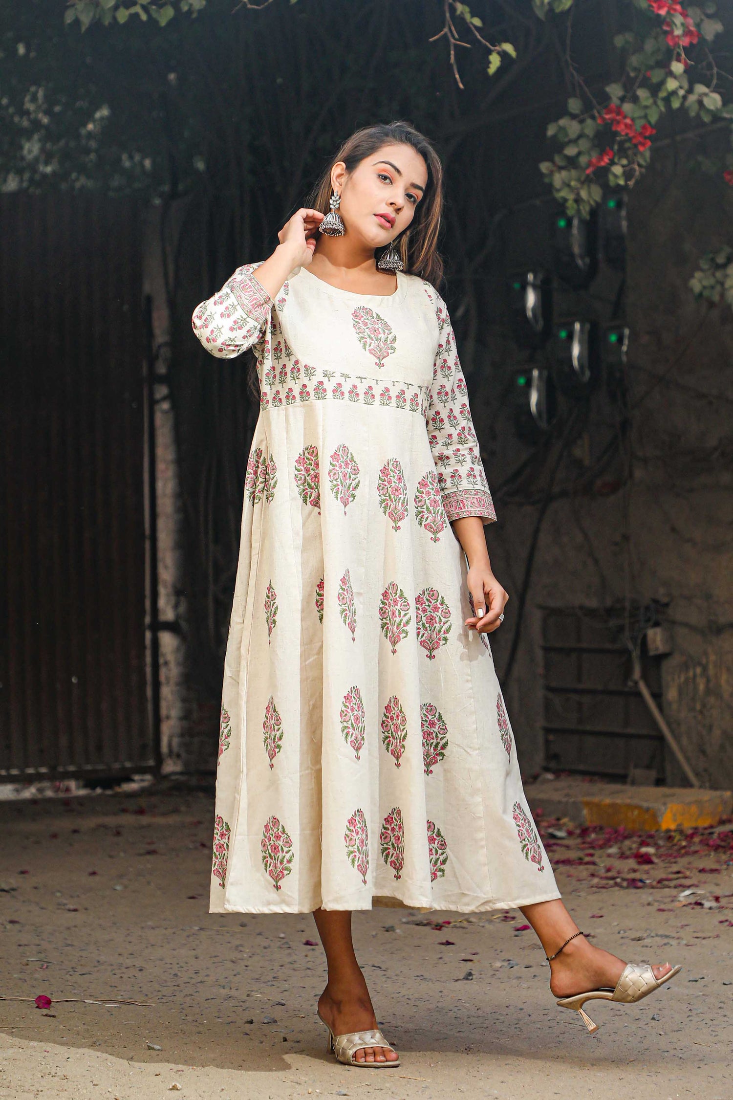 Basanti Gulab Anarakali Hand Block Printed Dress