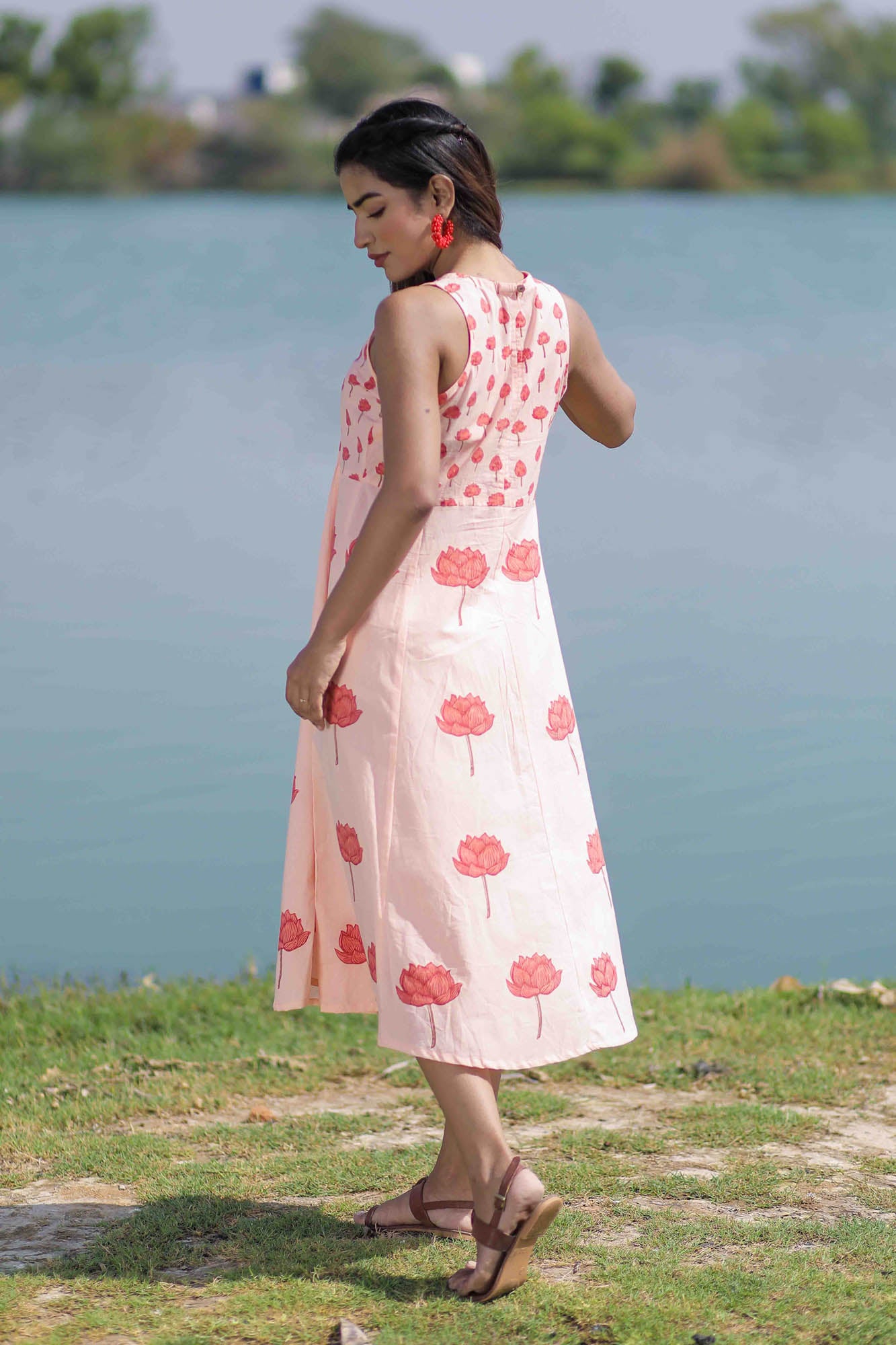 Lotus Hand Block Printed Peach Sleeveless Dress