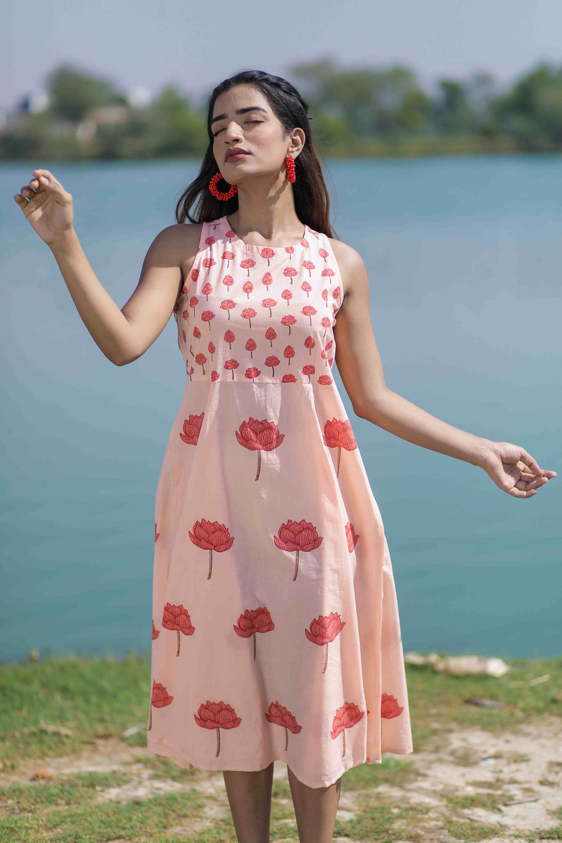 Lotus Hand Block Printed Peach Sleeveless Dress