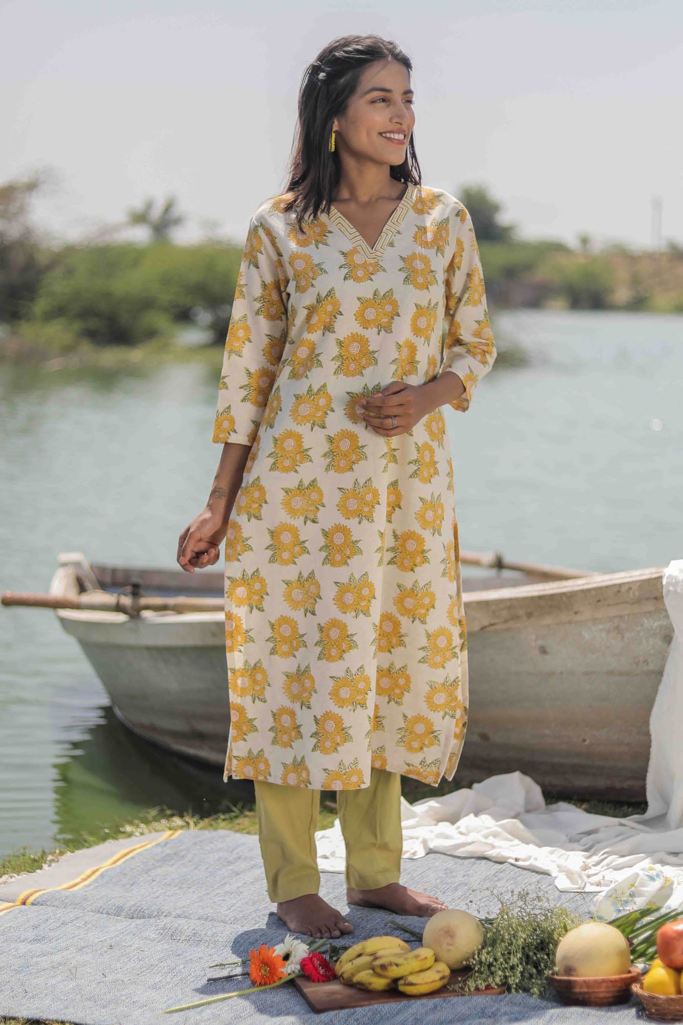 Sunflower Hand Block Printed V neck Straight Kurta