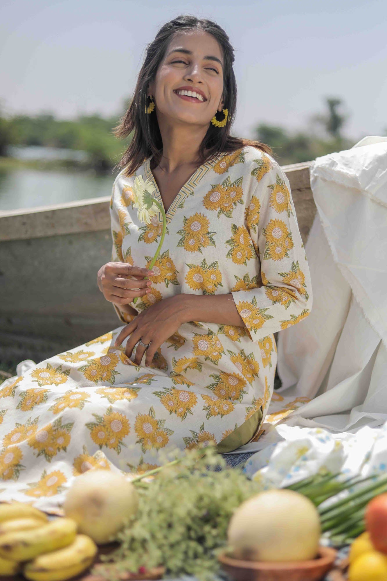 Sunflower Hand Block Printed V neck Straight Kurta