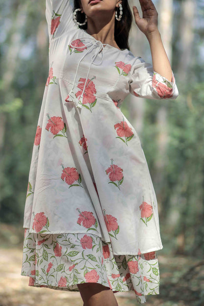 White Mandara Hand Block Printed Dress