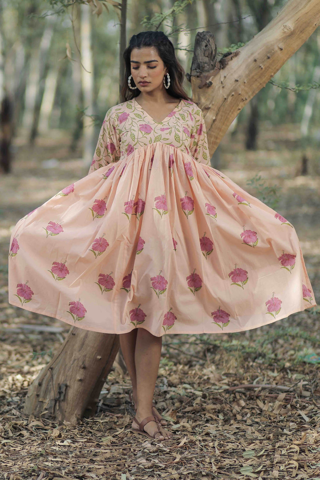 Peach Mandara Hand Block Printed Dress