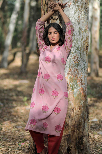 Mauve Mandara Hand Block Printed Straight Kurta