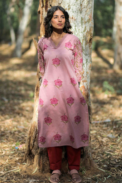 Mauve Mandara Hand Block Printed Straight Kurta