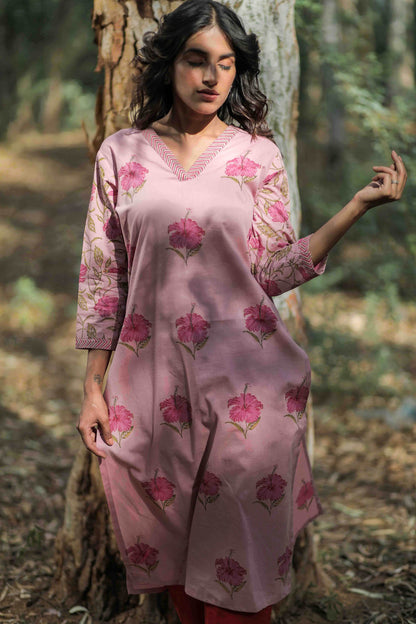 Mauve Mandara Hand Block Printed Straight Kurta