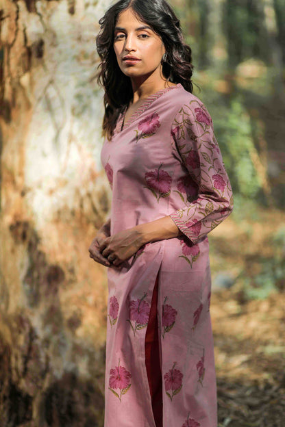 Mauve Mandara Hand Block Printed Straight Kurta
