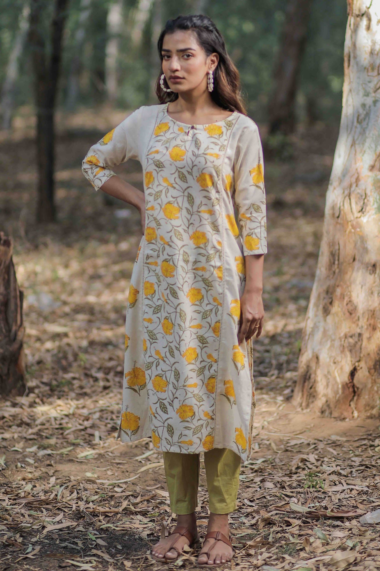 Off-white Mandara Hand Block Printed Straight Panel Kurta
