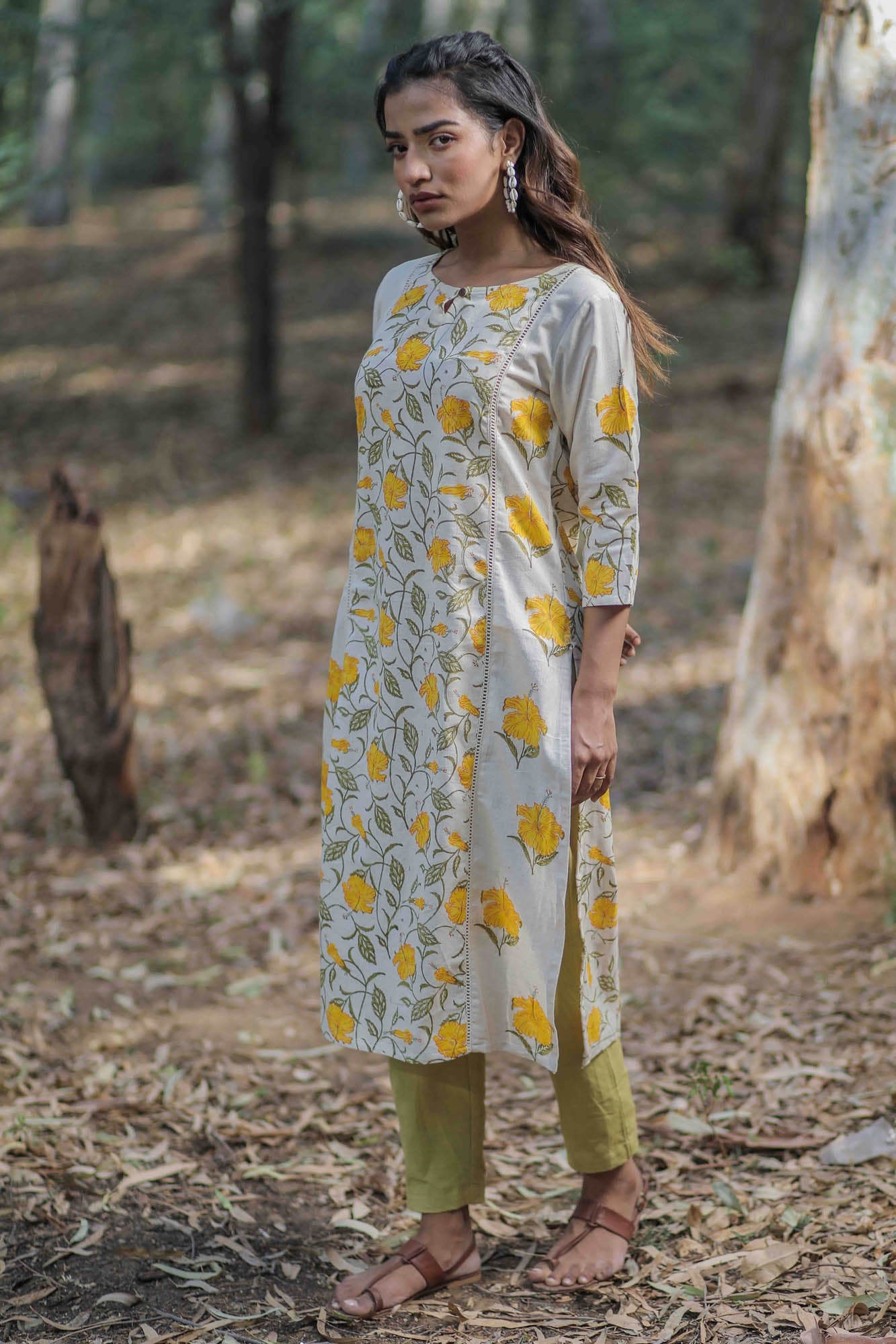 Off-white Mandara Hand Block Printed Straight Panel Kurta