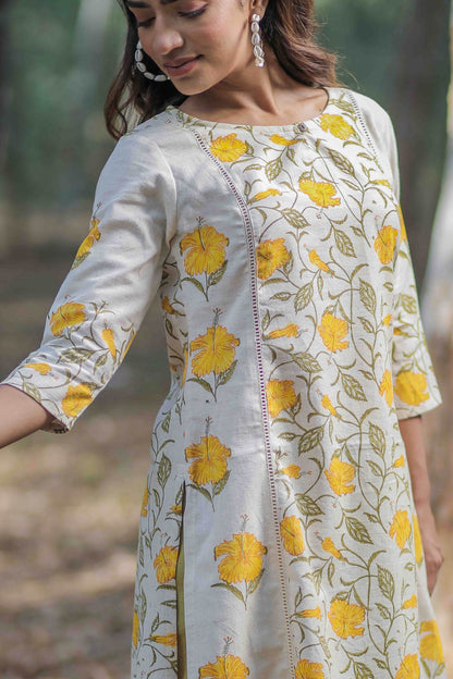 Off-white Mandara Hand Block Printed Straight Panel Kurta