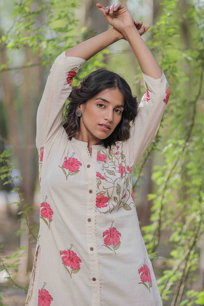 Off white Mandara Hand Block Printed Straight Kurta