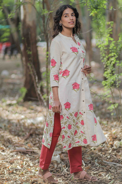 Off white Mandara Hand Block Printed Straight Kurta
