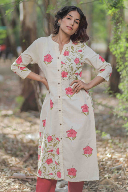 Off white Mandara Hand Block Printed Straight Kurta
