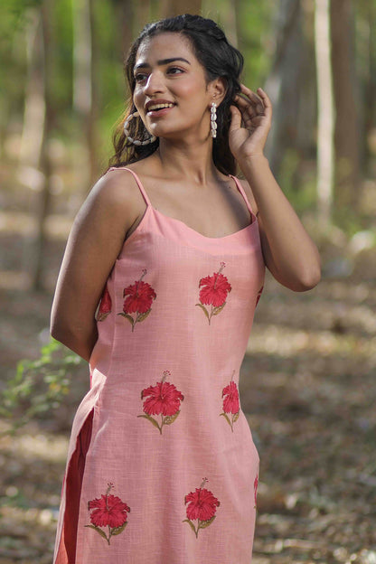 Peach Mandara Floral Hand Block Printed Strap Kurta