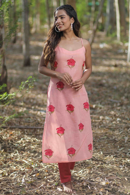 Peach Mandara Floral Hand Block Printed Strap Kurta