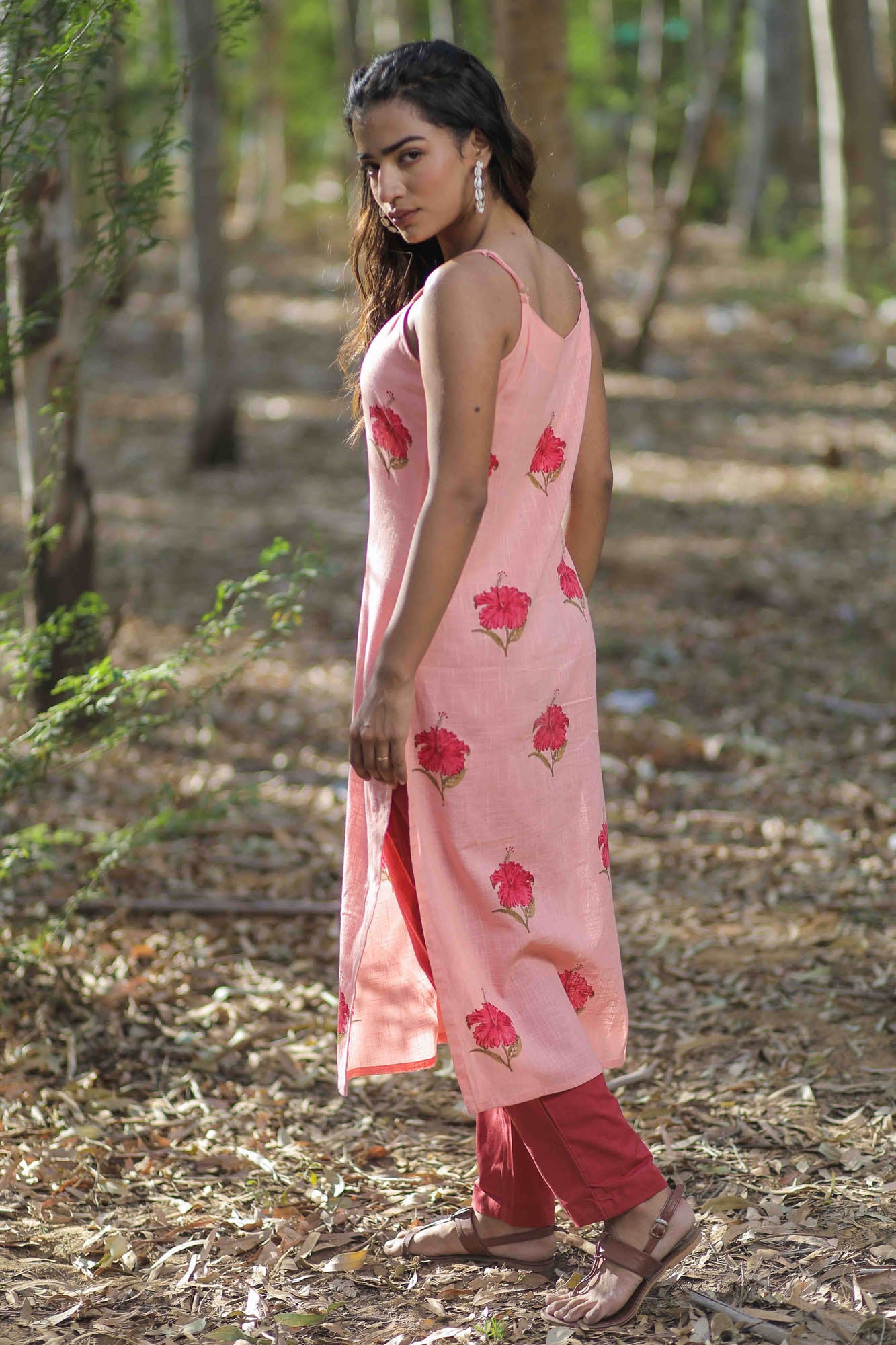 Peach Mandara Floral Hand Block Printed Strap Kurta