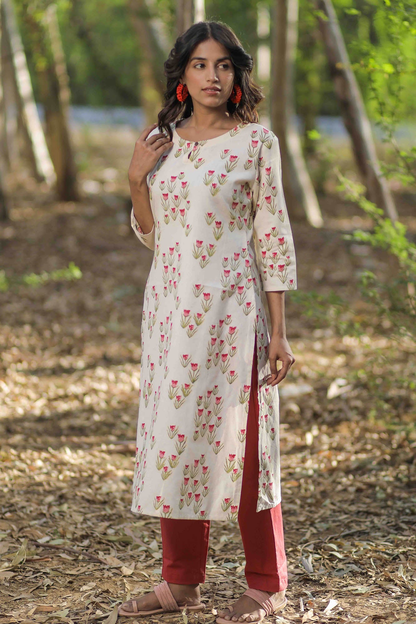 Off-white Tulip Hand Block Printed Straight Kurta