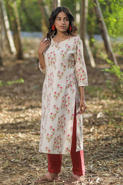 Off-white Tulip Hand Block Printed Straight Kurta