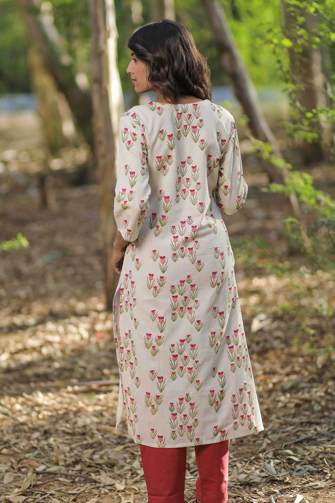 Off-white Tulip Hand Block Printed Straight Kurta