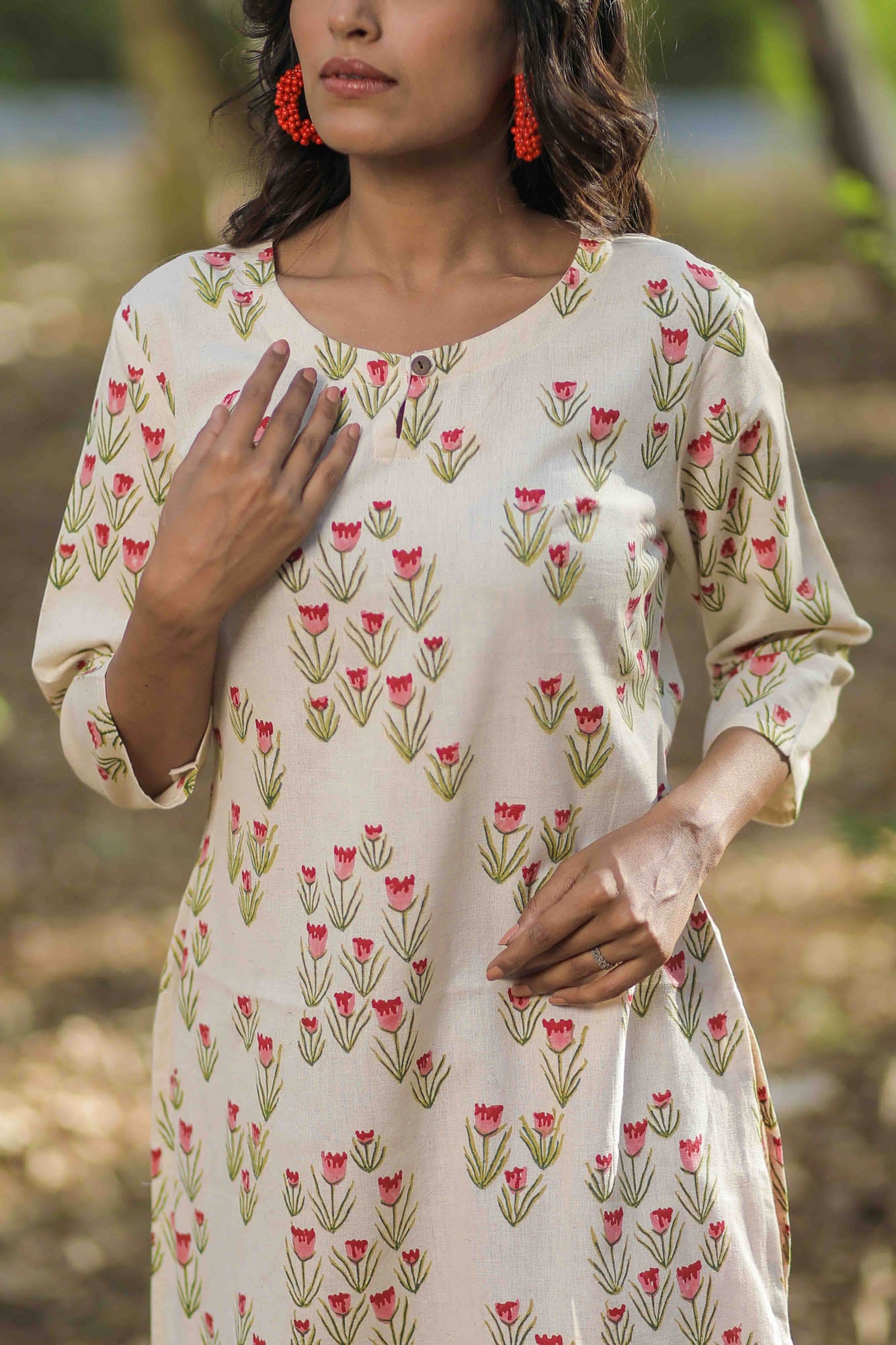 Off-white Tulip Hand Block Printed Straight Kurta