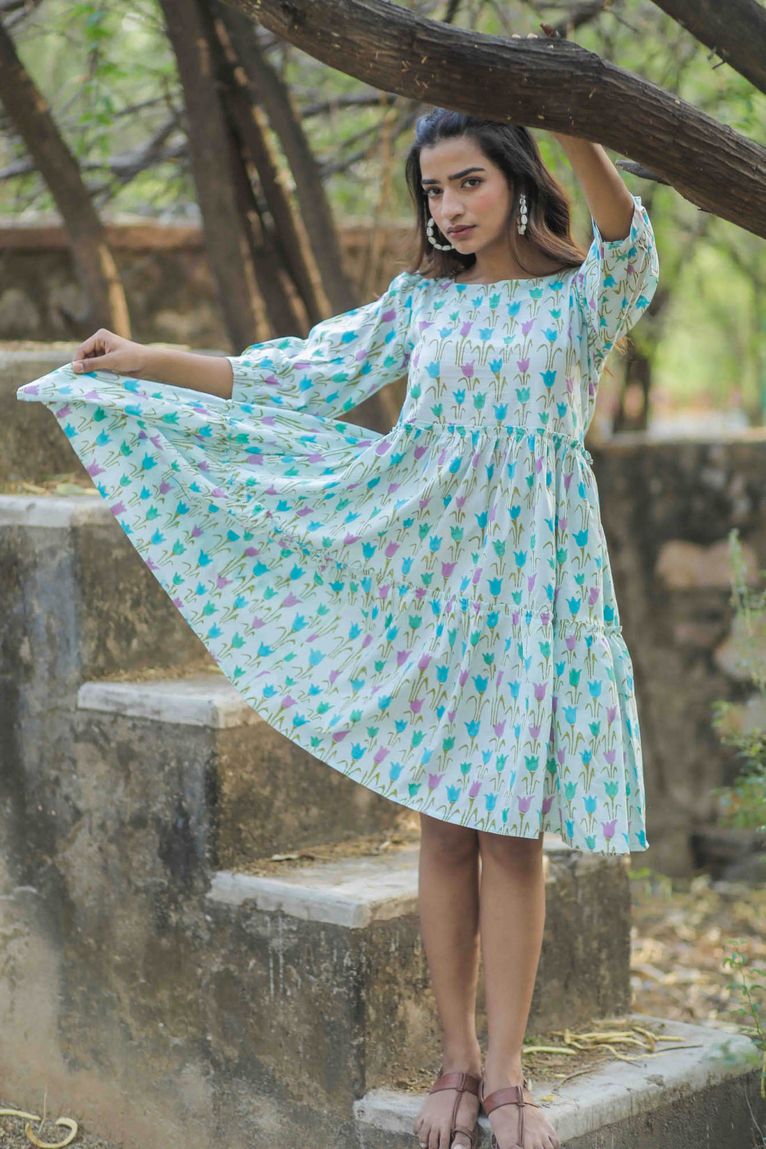 Aqua Quirky Tulip Hand Block Printed Tiered Dress