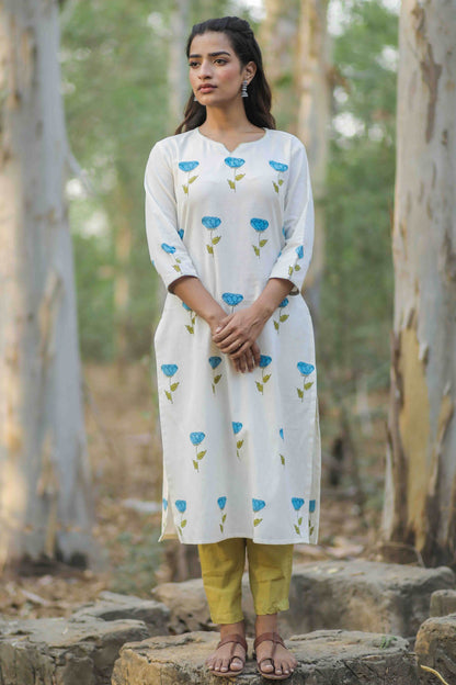 White Rose Hand Block Printed Kurta
