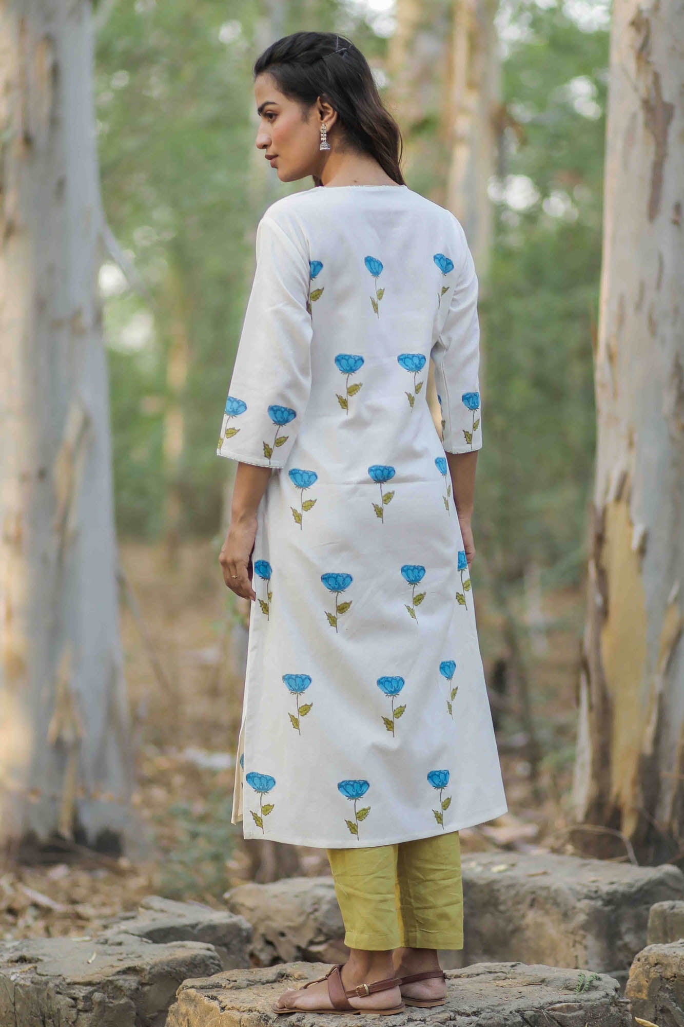 White Rose Hand Block Printed Kurta