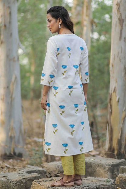 White Rose Hand Block Printed Kurta