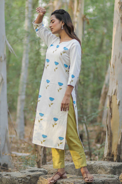 White Rose Hand Block Printed Kurta