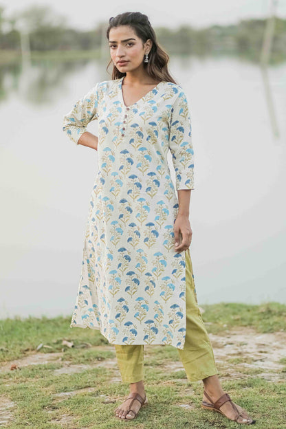 Blue Floral Hand Block Printed Straight Kurta