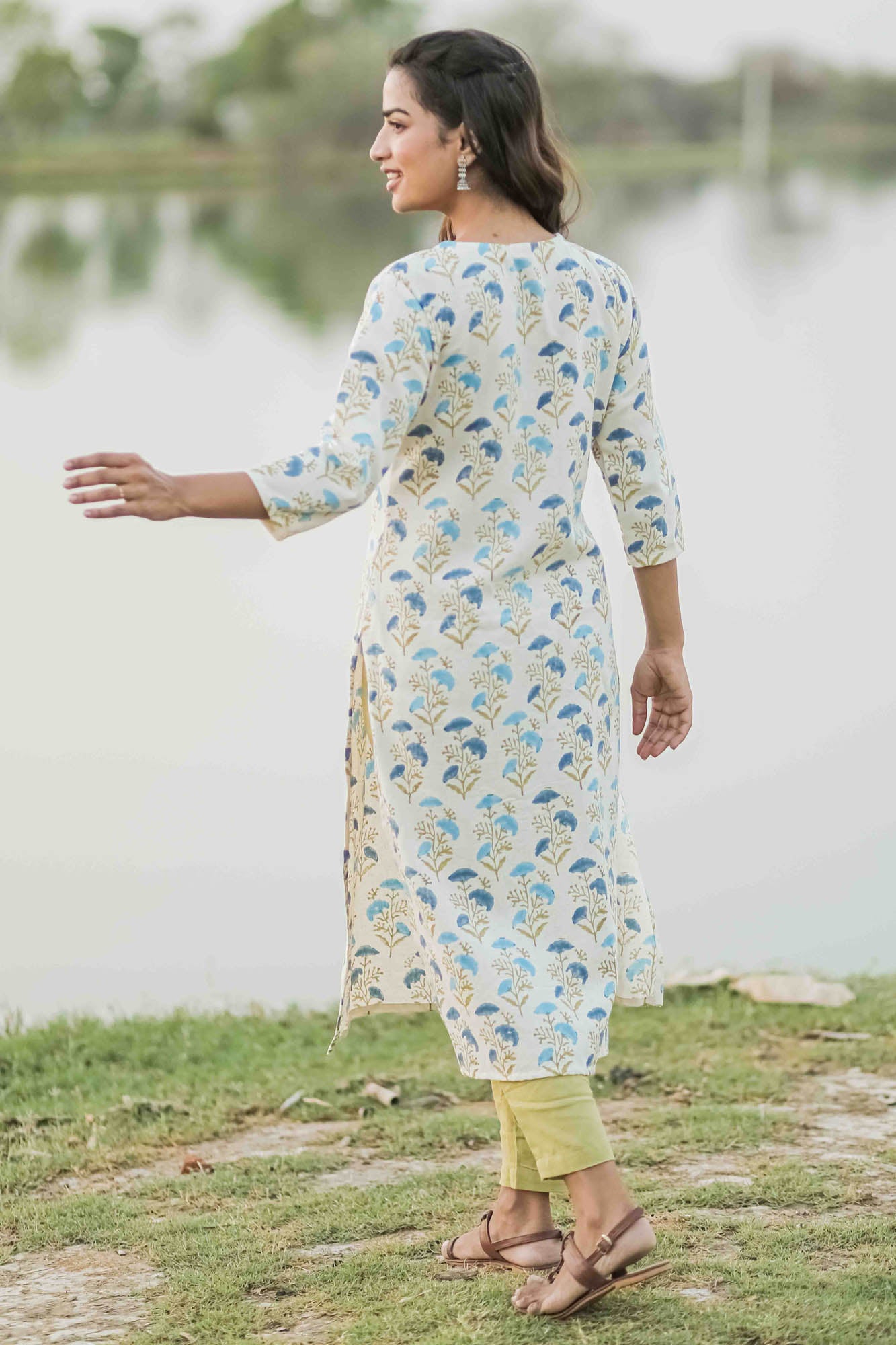 Blue Floral Hand Block Printed Straight Kurta