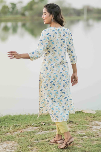 Blue Floral Hand Block Printed Straight Kurta