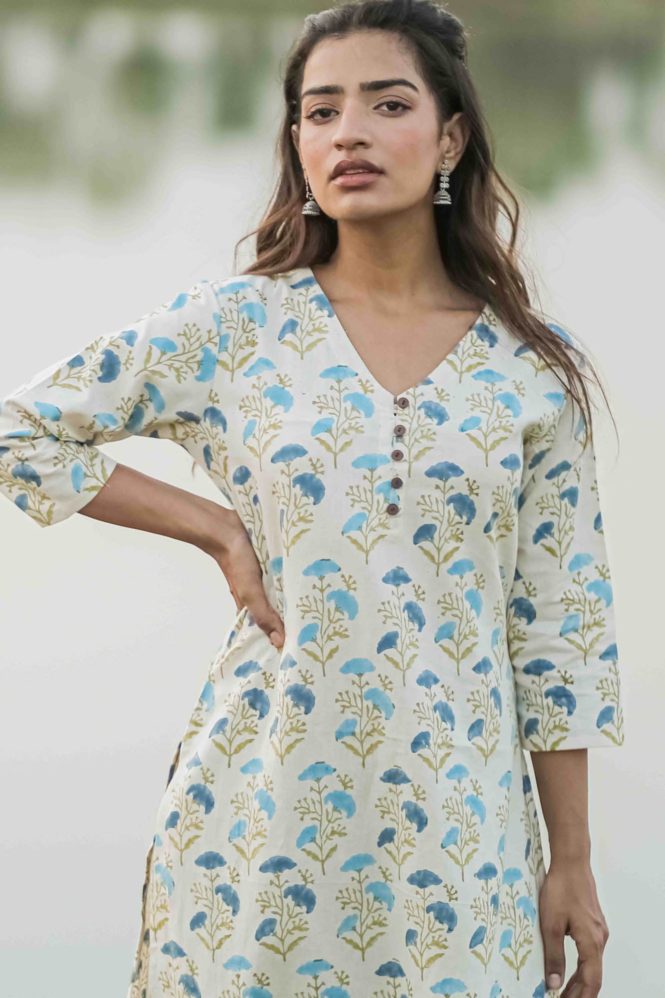 Blue Floral Hand Block Printed Straight Kurta