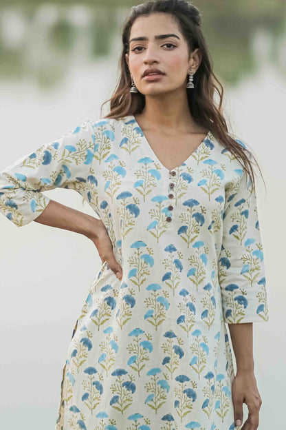 Blue Floral Hand Block Printed Straight Kurta
