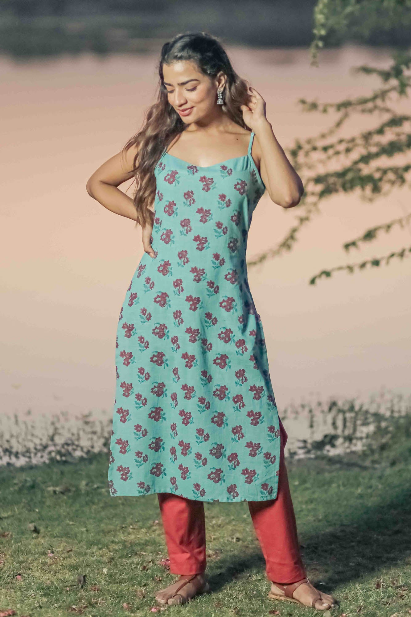 Teal Floral Hand Block Printed Strap Kurta