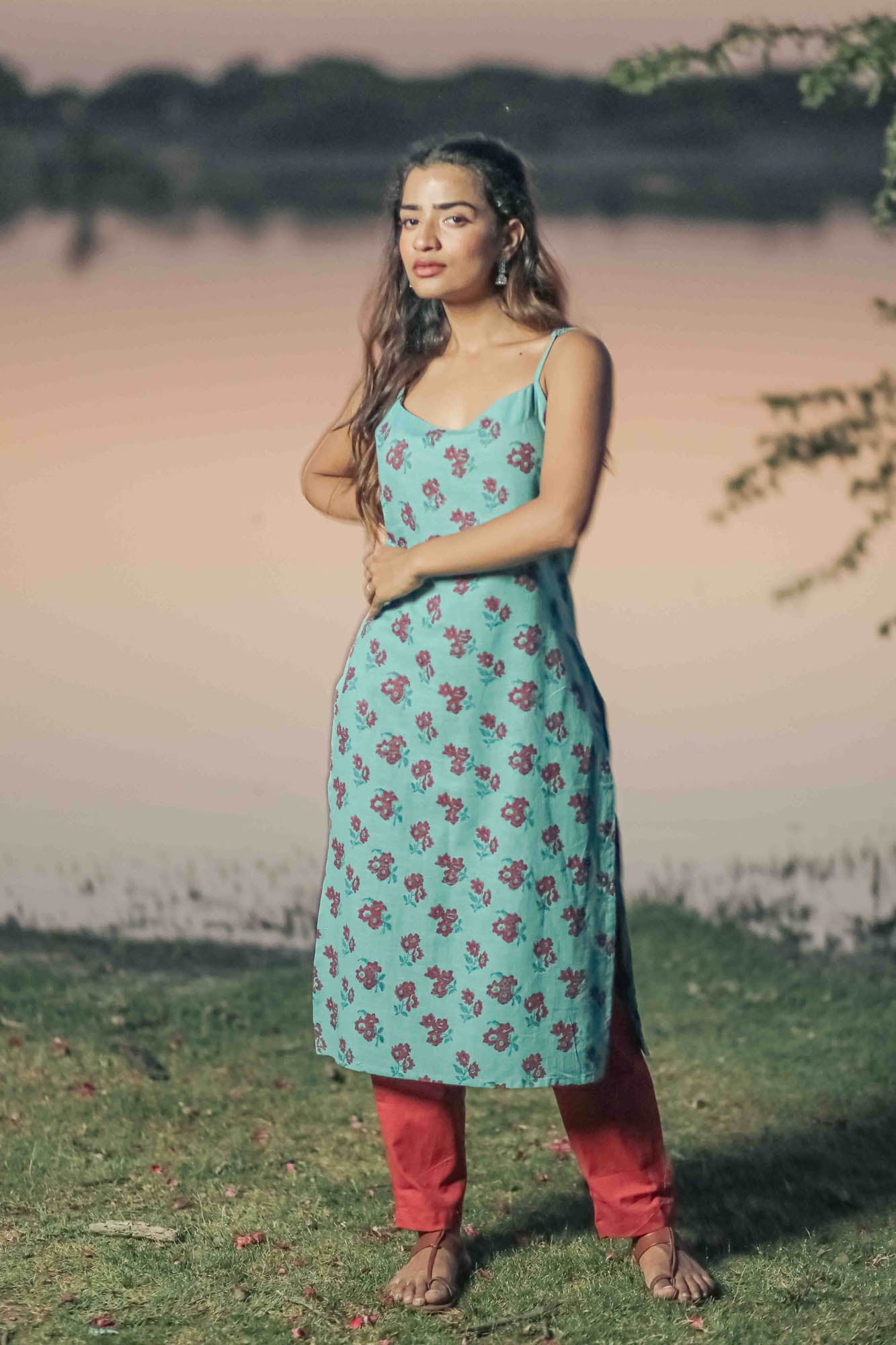 Teal Floral Hand Block Printed Strap Kurta
