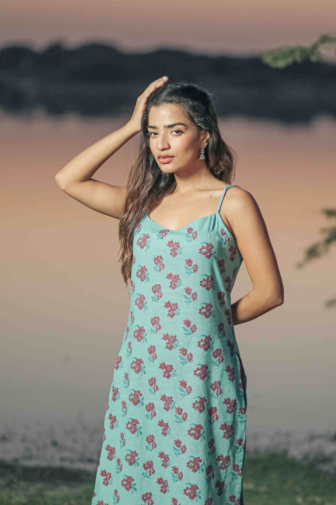 Teal Floral Hand Block Printed Strap Kurta