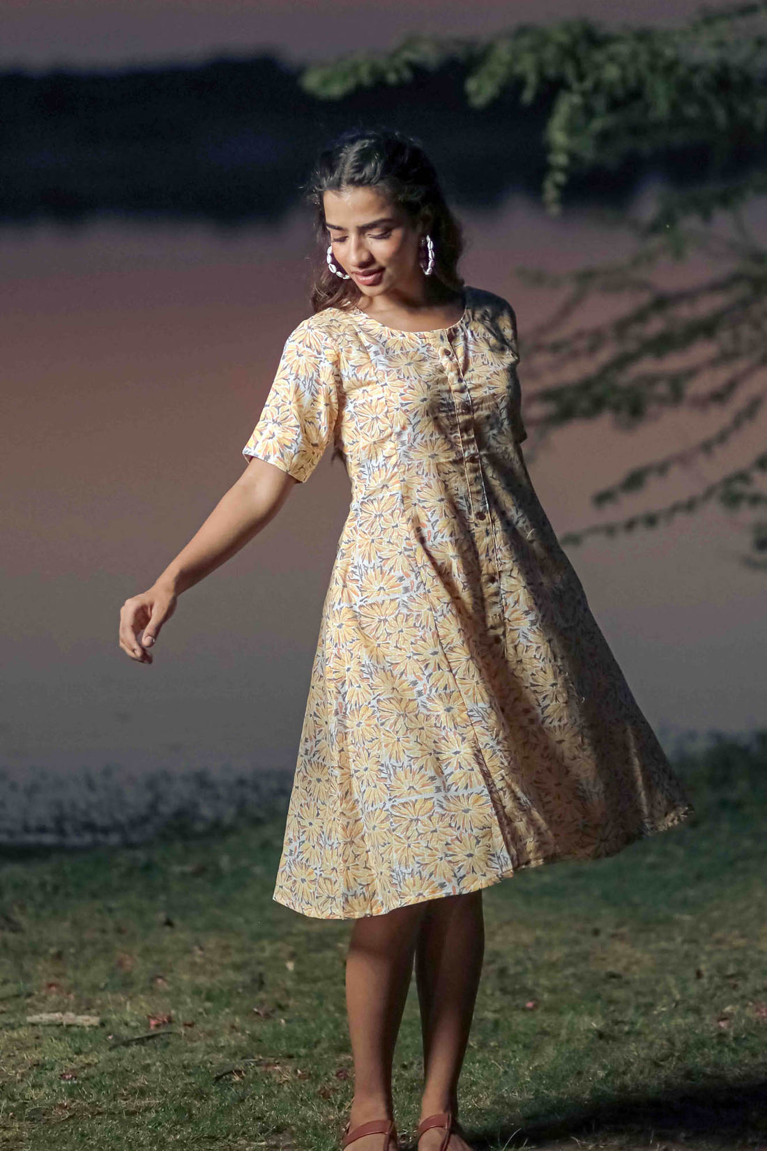 Yellow Hand Block Printed Panel Dress