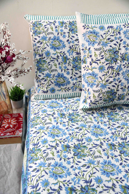 Blue and white block printed floral bedsheet with pillow covers