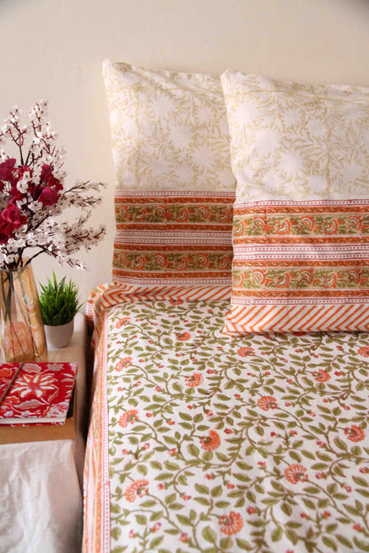 Flowers and leaves block printed cotton bedsheet with pillow covers