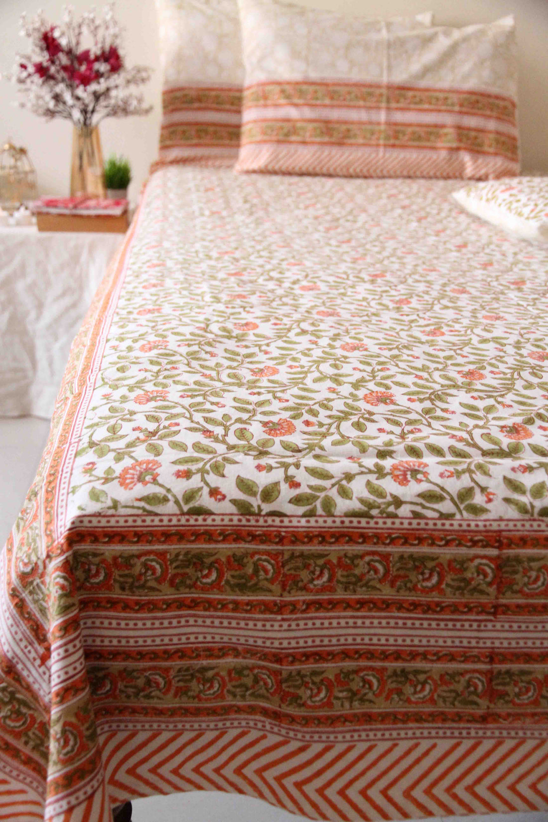 Flowers and leaves block printed cotton bedsheet with pillow covers