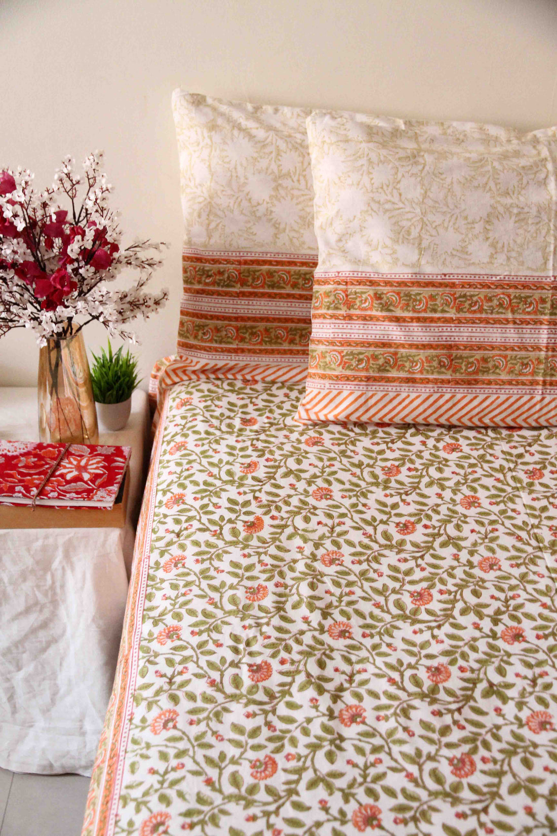 Flowers and leaves block printed cotton bedsheet with pillow covers