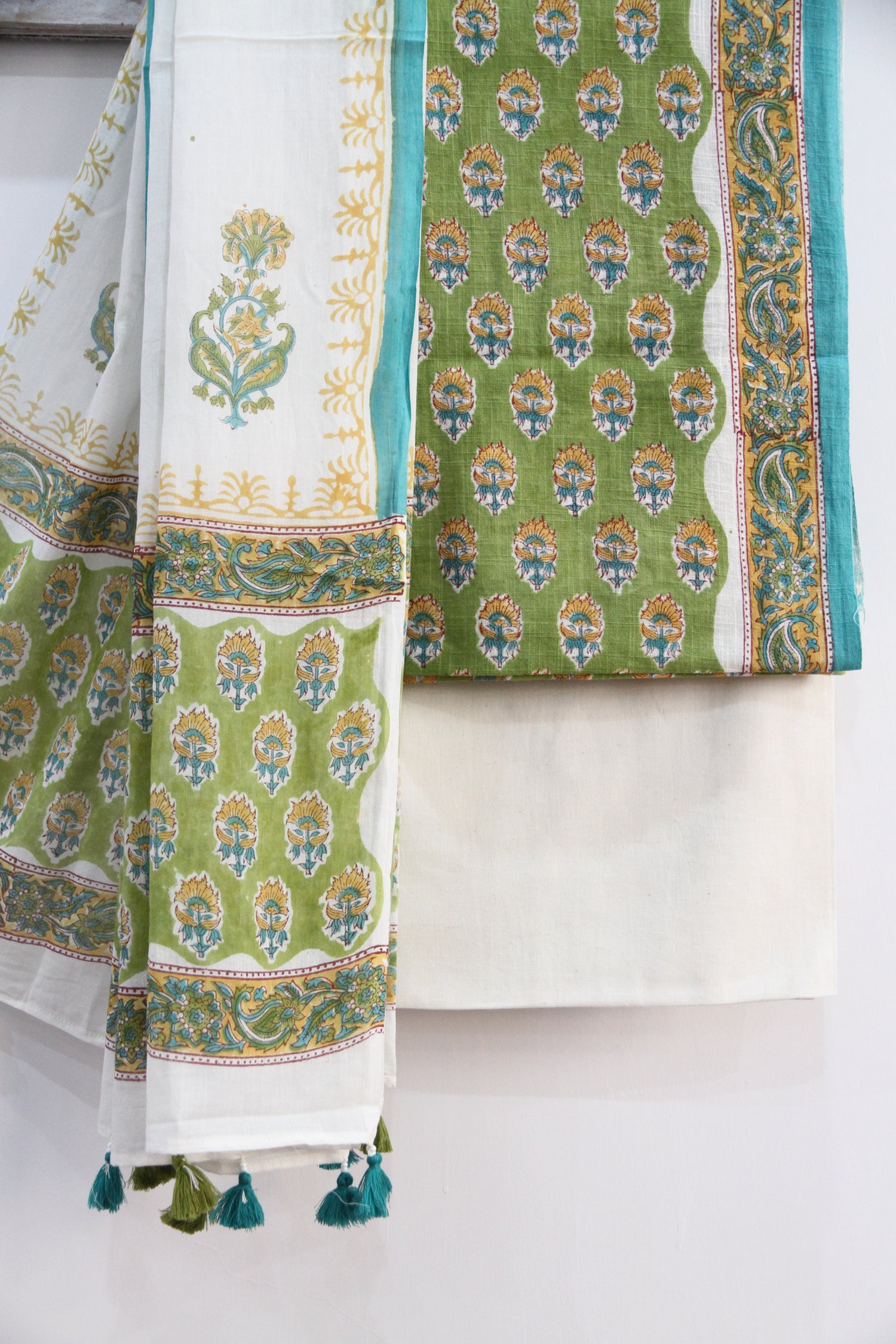 Sheen Green Floral Buti Hand Block Printed Cotton Unstitched Suit Set
