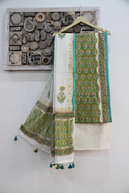 Sheen Green Floral Buti Hand Block Printed Cotton Unstitched Suit Set