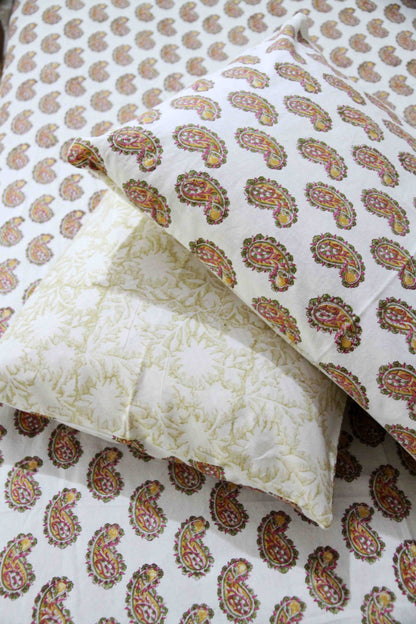 Heritage motifs block printed cotton bedsheet with pillow covers